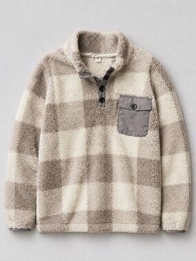 Chicyea Cozy Sherpa Pullover in Cream & Taupe Plaid XL